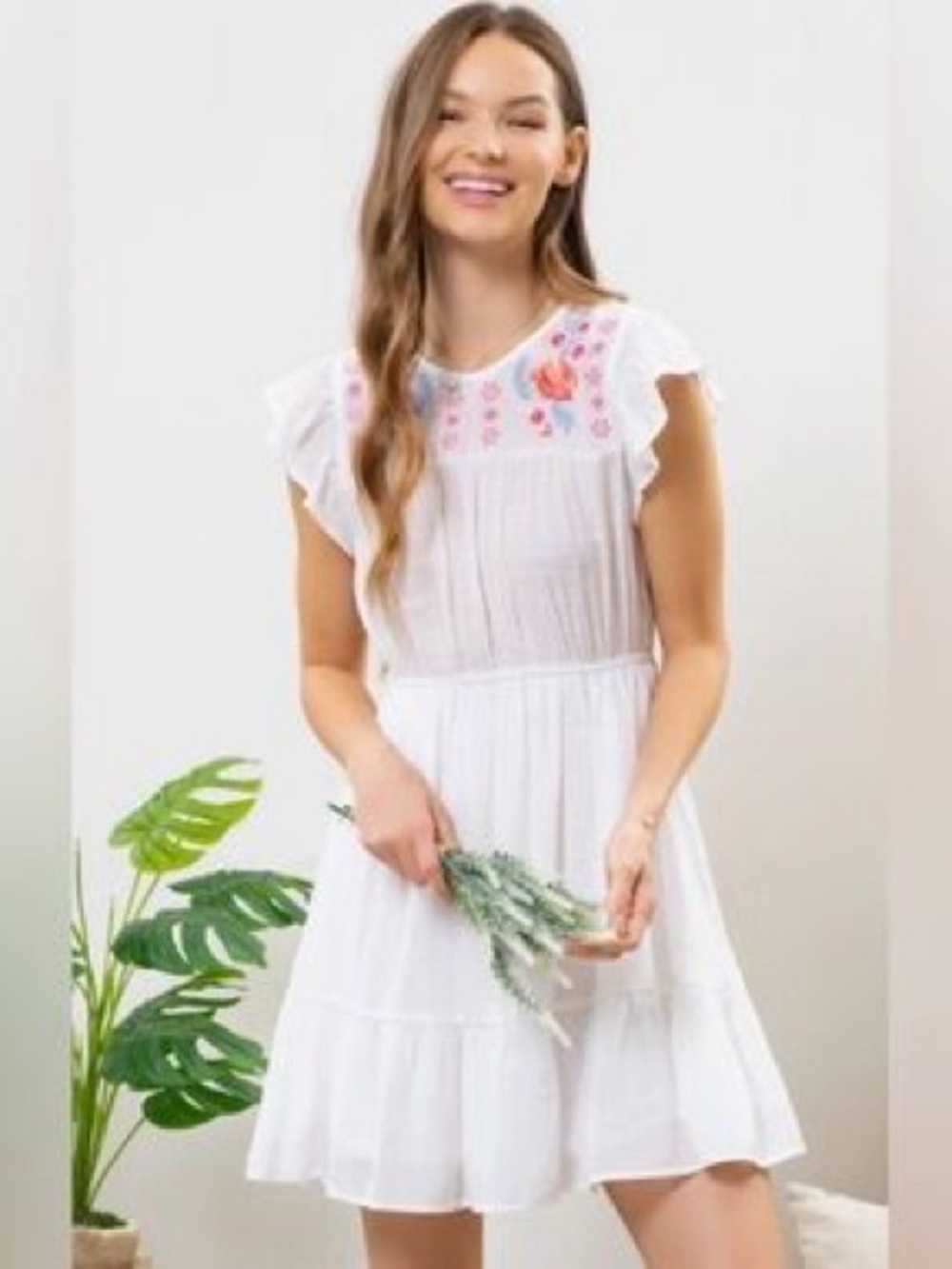NWT Mine White Lined Embroidered Yoke Mini Dress